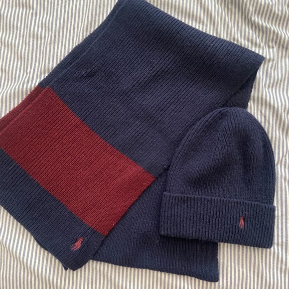 ralph Lauren beanie scarf  Set Stripe Preppy old money warm hat navy logo rugby - Picture 3 of 4